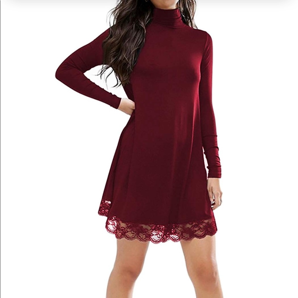 Turtleneck Long Sleeve Loose Lace Cotton Dress